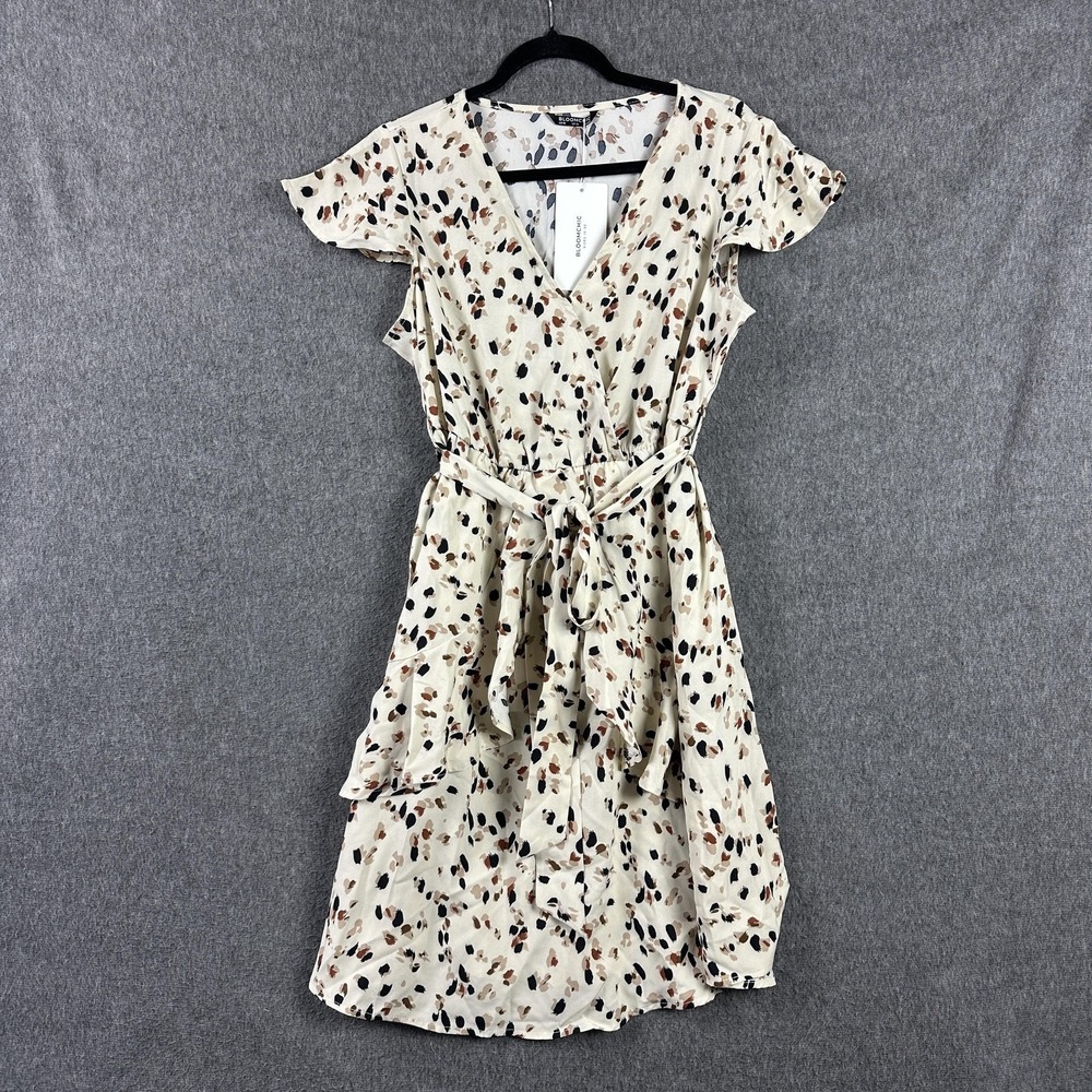BloomChic Dress Womens Large White Leopard Wrap Ruffle Belted Pockets Sundress